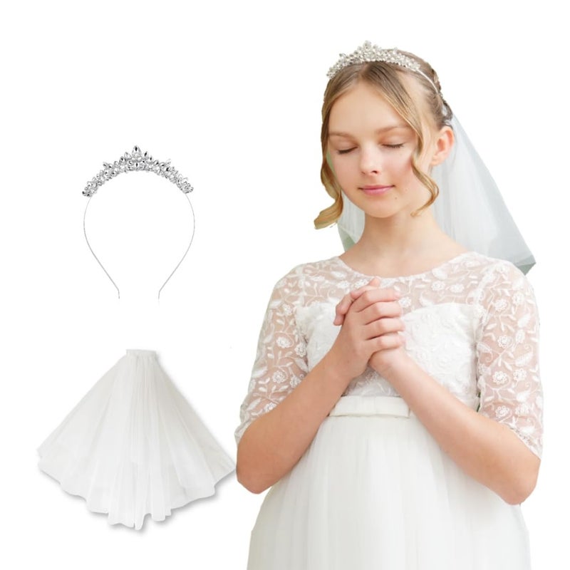 Lovely Shop Holy White Short Veil with Crystal Headband Set, First Communion Accessory - Image 1